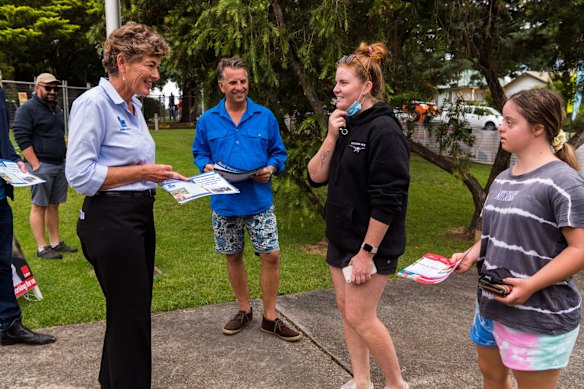 Bega Liberal candidate Fiona Kotvojs with outgoing MP Andrew Constance at Moruya Public School.