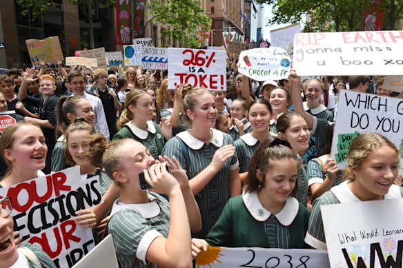 Thousands of students protest climate change at Martin Place, Sydney.