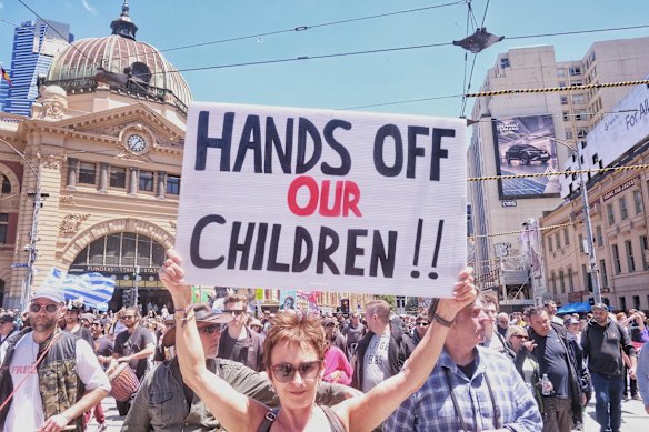 People protesting against the Pandemic Bill in Melbourne on Saturday 27 November 2021. 