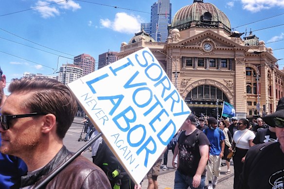 People protesting against the Pandemic Bill in Melbourne on Saturday 27 November 2021. 