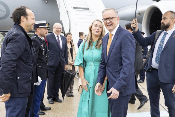 Prime Minister Anthony Albanese and his partner Jodie Haydon arriving in Paris.