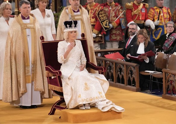 Queen Camilla wears the crown once worn by Queen Mary. 