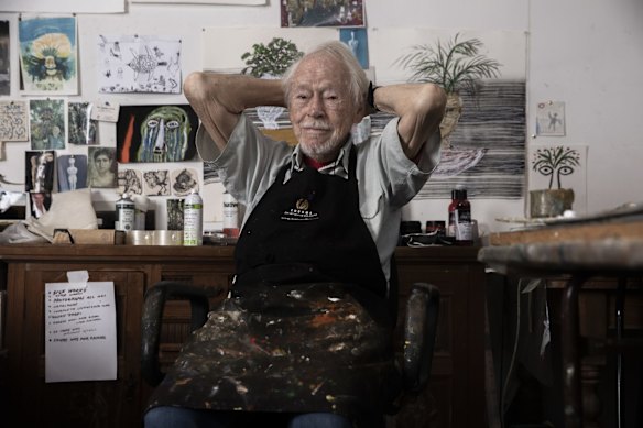 Artist Guy Warren has been making art for 85 years. He is opening his first show at the National Art School in April - on his 100th birthday. Thursday 18th March 2021 SMH photo LOUIE DOUVIS
