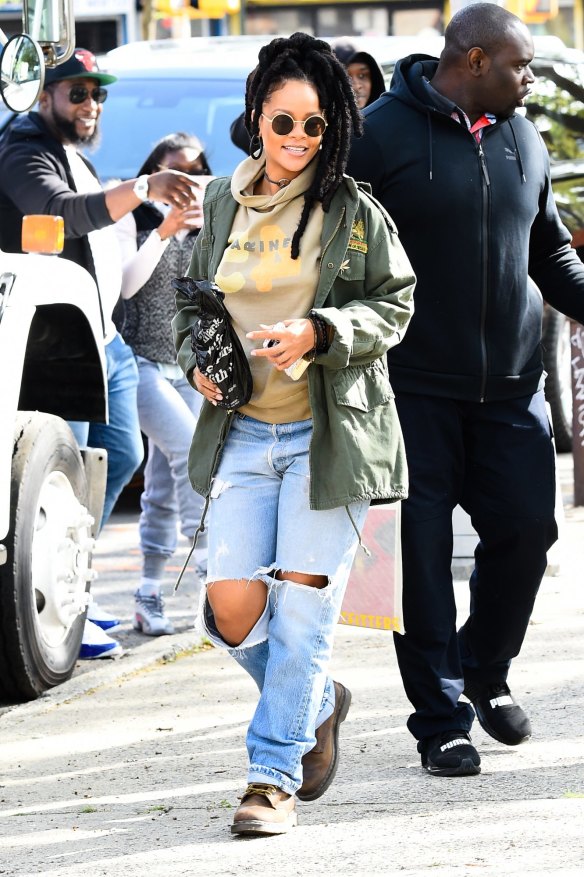 Rihanna takes the casual approach to military dressing.