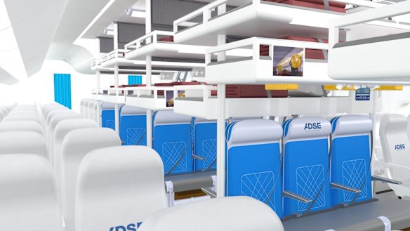 Another entry, ADSE's "Economy Sky-Dream" cabin design, took another crack at the holy grail of cattle-class travel: beds in economy class. The design moves the overhead lockers to create space for bunk beds in the middle row of economy class.