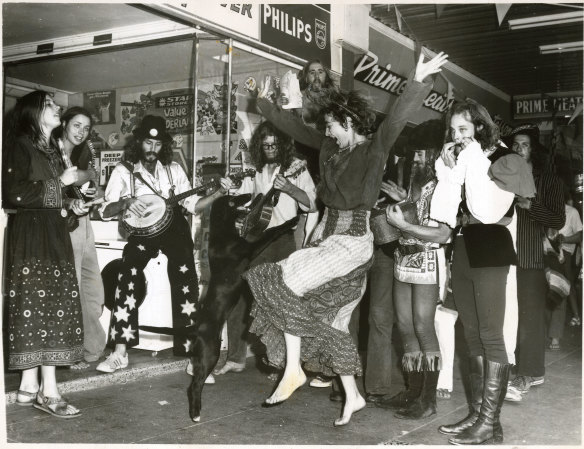 The Magik Karavan give an impromptu performance in Nimbin in 1973.