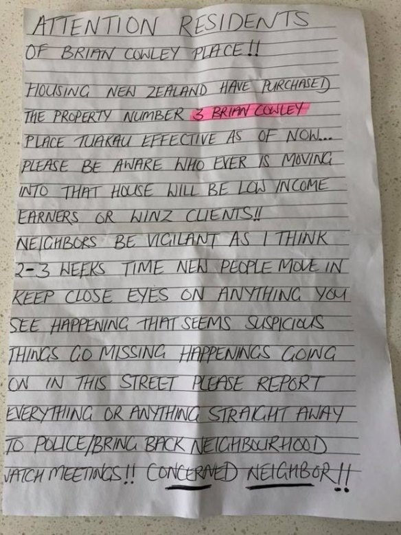 The note left in letterboxes in Brian Cowley Place, in Tuakau, near Auckland.