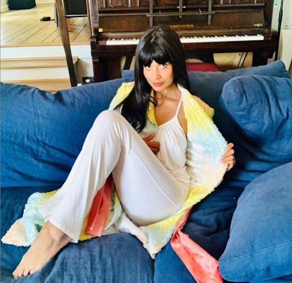 Jameela Jamil wearing JJwinks and Markarian. The Good Place actor wrote on Instagram, "I still did my make up and wore a sequin dressing gown, because... It’s what Tahani would have wanted. And this is her day, not mine."