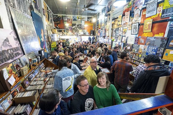 People wait for Paul Kelly to perform with Vika and Linda at Greville Records as part of World Record Day celebrations on April 18, 2015 in Melbourne, Australia. 
