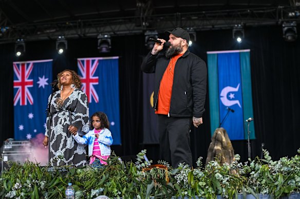 Yorta Yorta rapper Briggs was joined by Paul Kelly, Emma Donovan and Jess Hitchcock to perform Briggs’ The Children Came Back.