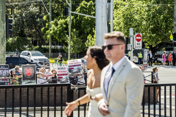 People protested against horse racing outside Randwick on Saturday as a big crowd was anticipated for The Everest.