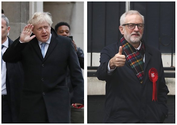 In this two photo combo image, showing the leaders of Britain's two main political parties outside their polling stations to vote Thursday Dec. 12, 2019, in the general election. At left is Conservative Party leader Boris Johnson at Methodist Central Hall in Westminster area of London, and photo at right shows Britain's Labour Party leader Jeremy Corbyn, in Islington area of London.  Voting is underway across the country in a general election that may resolve the stalemate over Brexit, widely seen as one of the most decisive votes in modern times.