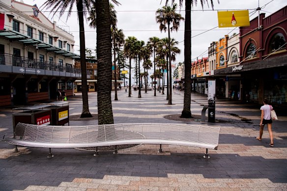 A deserted Manly Corso. After the COVID-19 outbreak in Avalon, the Northern Beaches have been placed back into lockdown.