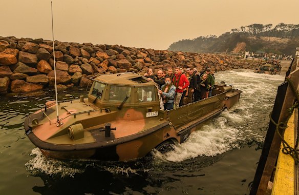 Mallacoota Evacuations of people stranded after the bushfires that ravaged the town on December 30 2019. Evacuated by army personnel to the HMAS Choules Friday 3rd January 2020.