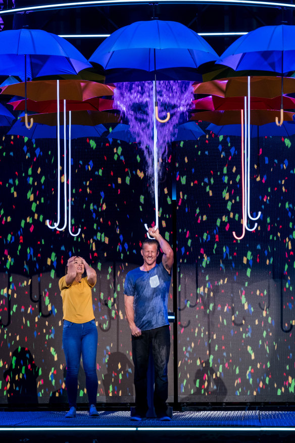 In the Make It Rain segment on Game of Games - Channel Ten's new series, hosted by Grant Denyer - contestants take turns at pulling down umbrellas; one contains a cash prize, the rest are filled with water.