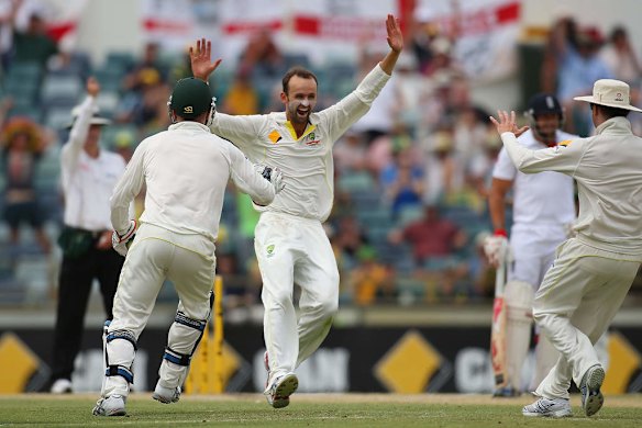 Nathan Lyon of Australia celebrates the wicket of Graeme Swann of England during day five of the Third Ashes Test Match.
