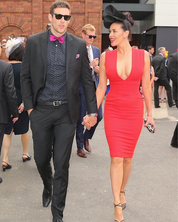Megan Gale and Shaun Hampson attend the Swisse Marquee on Melbourne Cup Day at Flemington Racecourse on November 4, 2014 in Melbourne, Australia.  