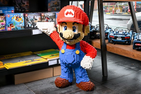 A Mario Brothers character built out of Lego 