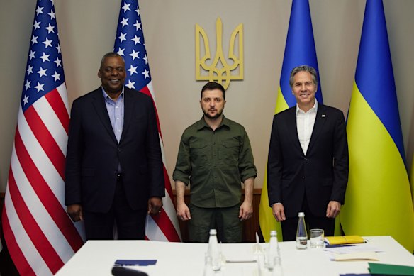 Ukrainian President Volodymyr Zelensky (centre) meets with a delegation including US Secretary of State Antony Blinken (right) and US Defence Secretary Lloyd Austin in Kyiv. The meeting represented the first visit to Kyiv by senior US government officials since the start of the war.