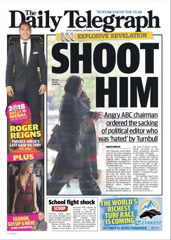 The Daily Telegraph front page in August 2018 regarding Probyn.