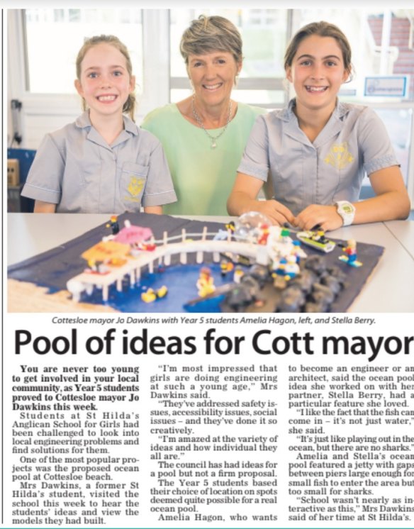 Shark attack victim Stella Berry, right, showcasing a shark-proof ocean pool she and a classmate created for a Year 5 engineering project in 2017.