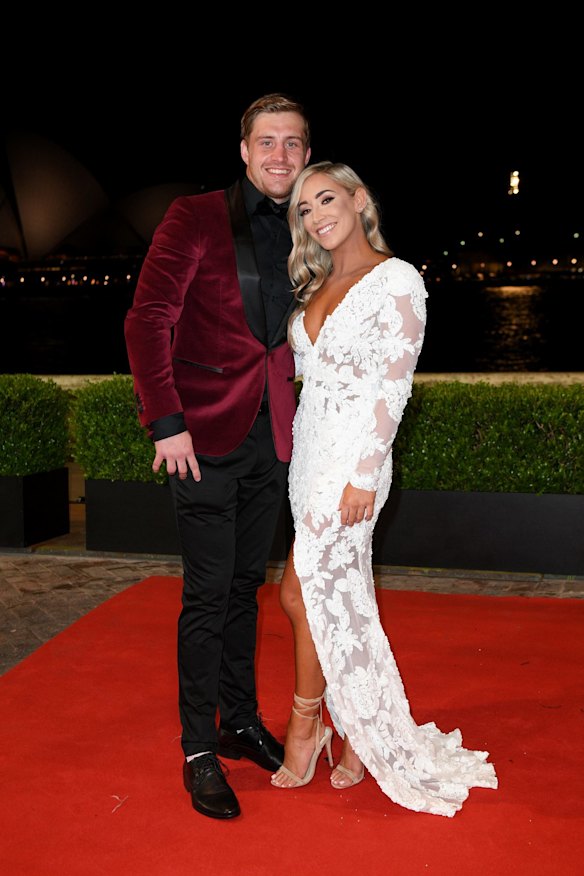 Melbourne Storm player Cameron Munster and partner arrive at the Dally M Awards.