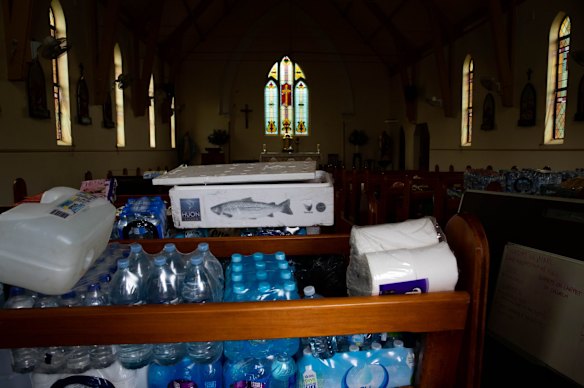 Donated goods for flood victims are stored in a church in Wardell in the Northern Rivers region of NSW. 7th March 2022 Photo: Janie Barrett