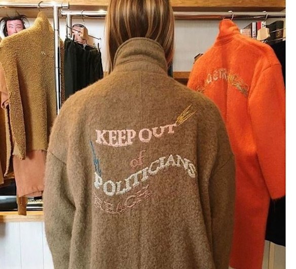 In a preview of their collection, Water revealed embroidered admonition to "keep out of politicians' reach." 