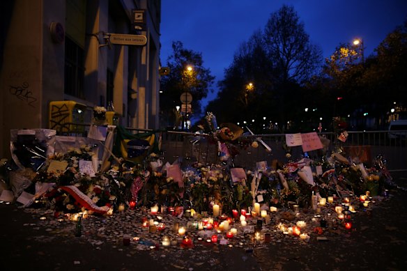 Dawn on Sunday 15th November, in Boulevard Voltaire near the Bataclan concert hall where a memorial grows honouring 129 people killed by terrorists including the 89 killed in the Bataclan attack.
