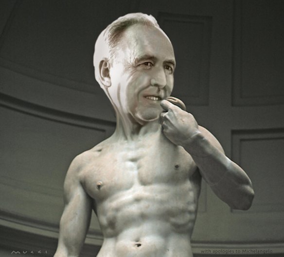 "With Apologies to Michelangelo," an illustration picturing Keating as Michelangelo's David. 
