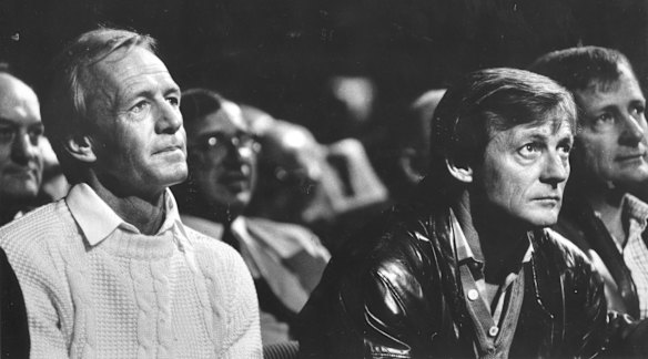Paul Hogan and his manager John Cornell at the Jeff Fenech title fight, at the Sydney Entertainment Centre. 19th July 1986.