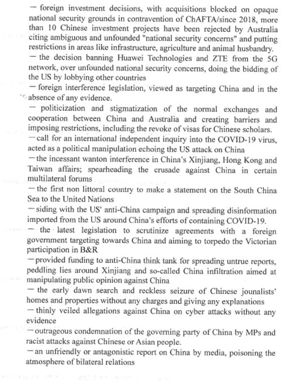 The list of grievances outlined in a document provided by the Chinese embassy to Australia. 