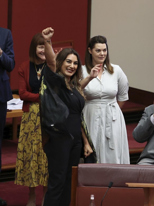 Senator Lidia Thorpe looks towards her friends and family in the public gallery after delivering her first speech to the Senate, at Parliament House in Canberra on 2nd December, 2020.