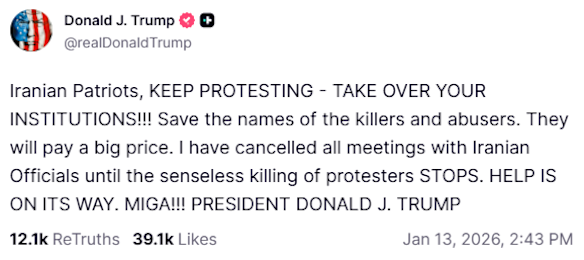 Uma postagem do presidente dos EUA, Donald Trump, sobre Truth Social sobre o Irã.