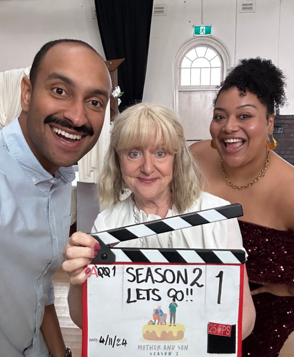 Denise Scott, who plays Maggie in Mother and Son, with her onscreen children Arthur (Matt Okine) and Robbie (Angela Nica Sullen). 