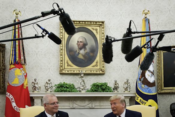 A portrait of former US President George Washington hangs on the wall of the Oval office during Prime Minister Scott Morrison meeting with President of the United States Donald Trump at the White House.