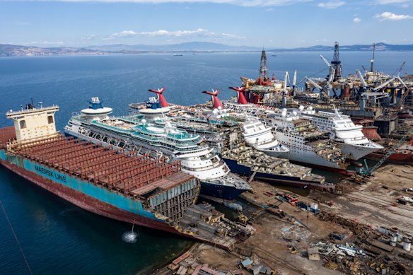 Five cruise ships are seen being broken down for scrap metal at the Aliaga ship recycling port in Izmir, Turkey. With the global coronavirus pandemic pushing the multi-billion dollar cruise industry into crisis, some cruise operators have been forced to cut losses and retire ships earlier than planned. The crisis however has bolstered the years intake of ships at the Aliaga ship recycling port with business up thirty percent on the previous year.  