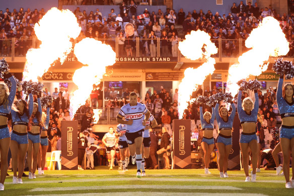 Wade Graham runs out at PointsBet Stadium for his final NRL game at the ground.