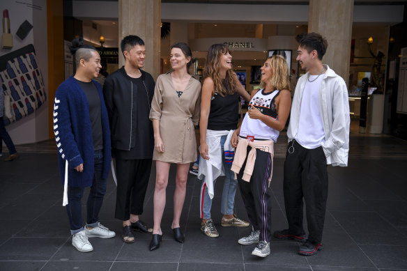 The 2018 National Designer Award finalists (from left)  Chris Ran Lin, Brian Huynh (MNDATORY), Merryn Kelly (Third Form), Claire Tregoning and Pip Edwards (P.E. Nation), and Rong Jake Chen (AMXANDER). 