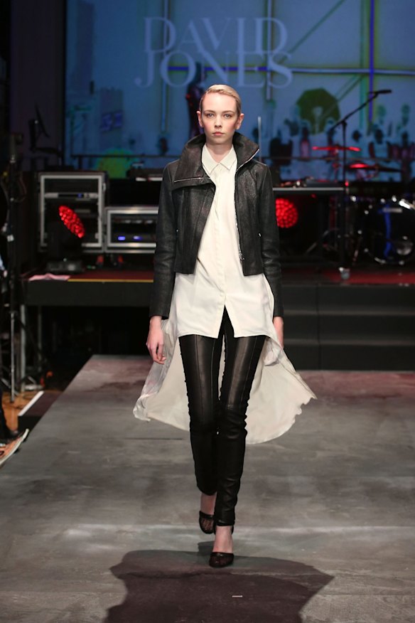 A model showcases designs by Strateas.Carlucci.