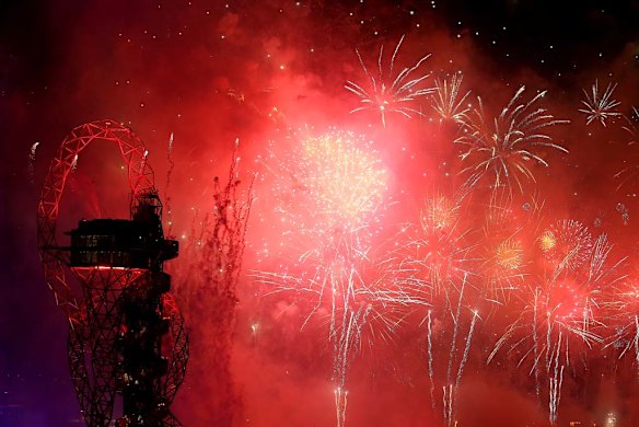 Fireworks over the Olympic stadium in London.