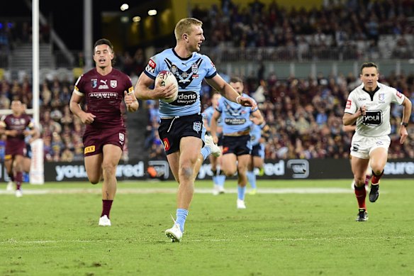 Tom Trbojevic of the Blues scores a try during game one of the 2021 State of Origin series.
