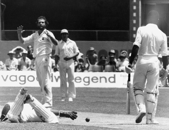 World Series Cricket at the Sydney Showground, Australia vs the West Indies. Rod Marsh attempts to catch King off Bright, 17 December 1977.