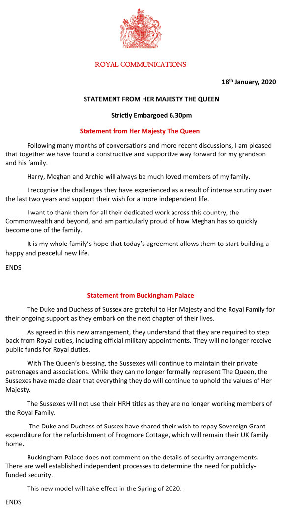A handout issued by Buckingham Palace after a deal was struck on the future of the Duke and Duchess of Sussex.