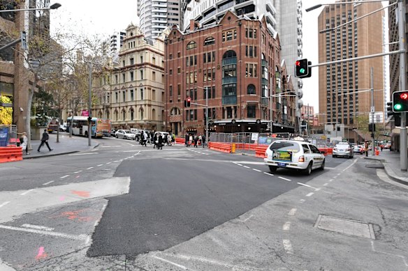 The intersection of Grosvenor, Bridge and George streets on Monday morning ready for the morning rush hour.