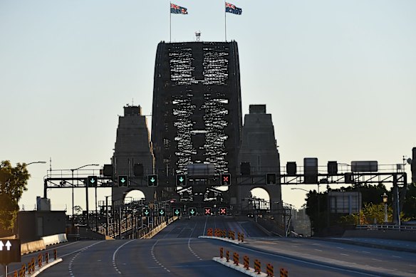 An almost empty Sydney Harbour Bridge seen early on Sunday.