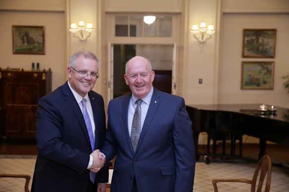 Scott Morrison is sworn-in as Prime Minister by Governor-General Sir Peter Cosgrove at Government House in Canberra.