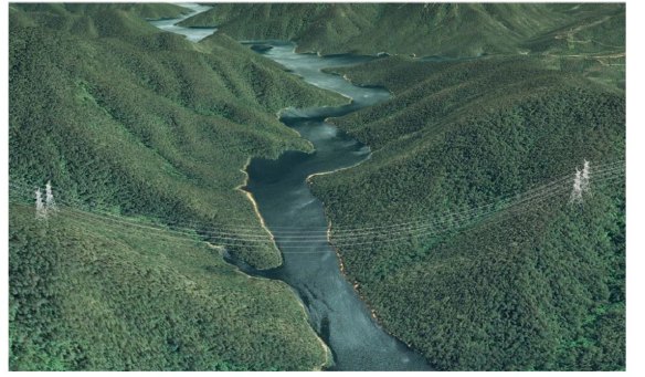 A photo montage of the Tumut River/Talbingo Reservoir with the likely transmission lines added.