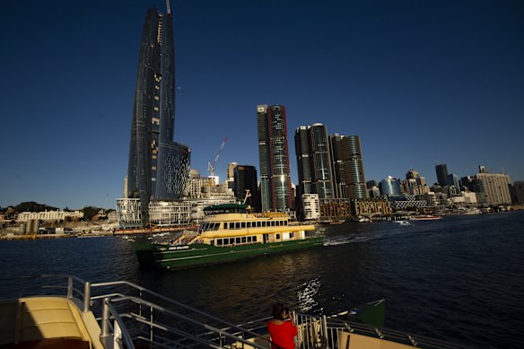 A ferry passes by Barangaroo in 2020.