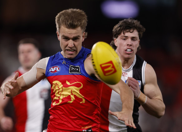 That’s mine: Shadeau Brain chases the ball against the Saints on Sunday.